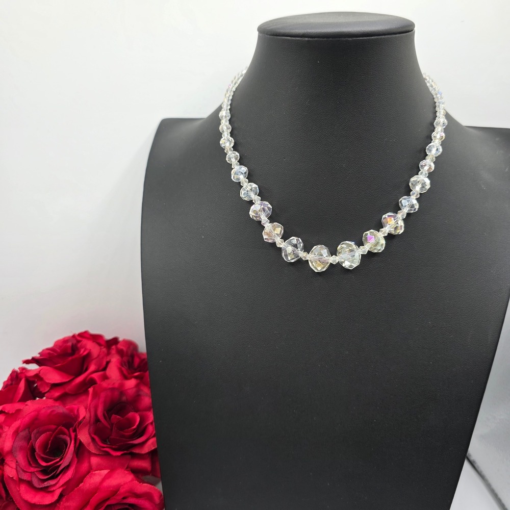 Vintage Style Aurora Borealis AB Faceted Glass Crystal Graduated Bead Necklace
